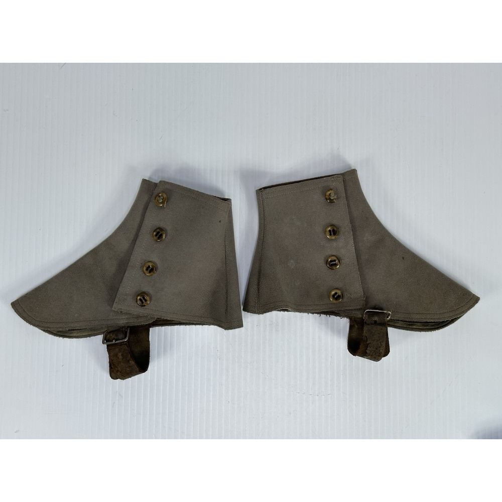 Antique Wool Felt Spats Gaiters Shoe Covers Buttons Leather Straps Spatterdashes